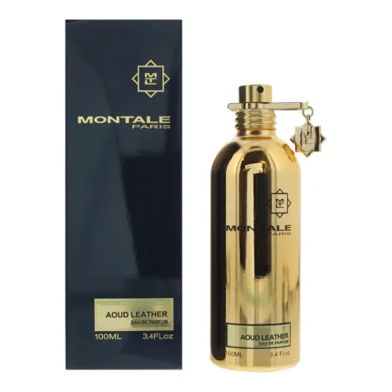 Montale Aoud Leather perfume bottle against a white background.