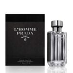 Prada L'Homme perfume bottle against a white background.