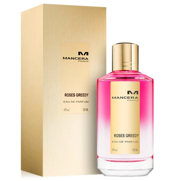 White background image of Mancera Roses Greedy, a Floral Fruity Gourmand fragrance for women and men.