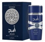 Lattafa Asad Zanzibar perfume bottle against a white background.