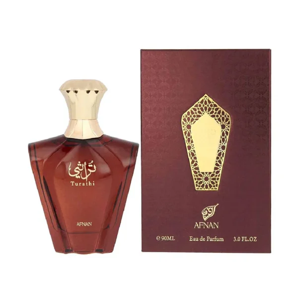 Bottle of Afnan Turathi Brown fragrance on a white background