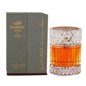 Bottle of Zimaya Sharaf Blend perfume on a white background