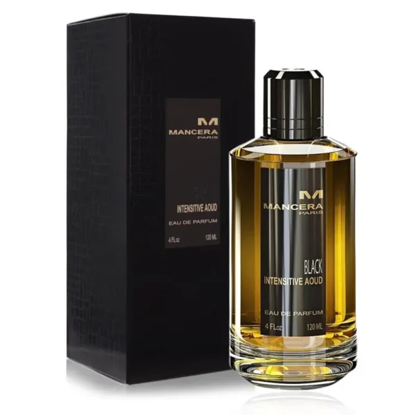 Bottle of Mancera Black Intensitive Aoud perfume on a white background