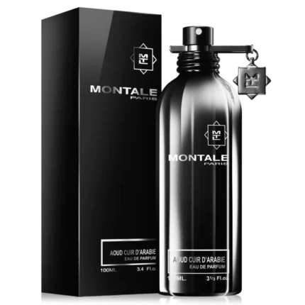Montale Aoud Cuir D'Arabie perfume bottle against a white background.
