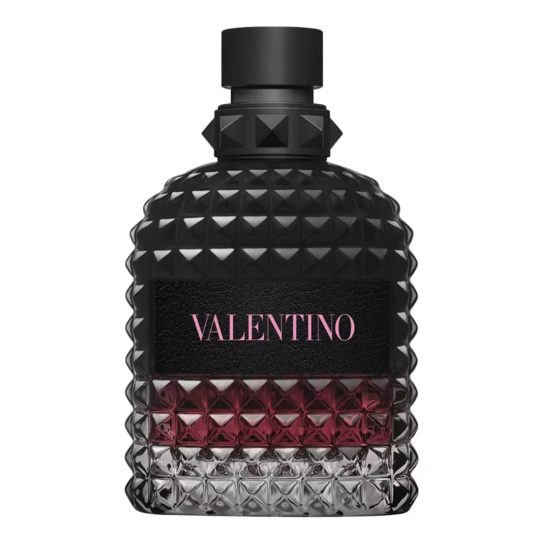Valentino Uomo Born In Roma EDP Intense perfume bottle against a black background.