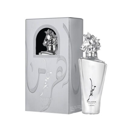 Lattafa Maahir Legacy perfume bottle against a white background