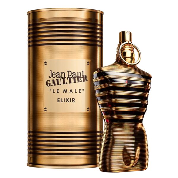 Jean Paul Gaultier Le Male Elixir perfume bottle against a white background.