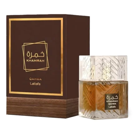Lattafa Khamrah Qahwa perfume bottle against a white background, available at Ferrari Centre Qatar's online store.