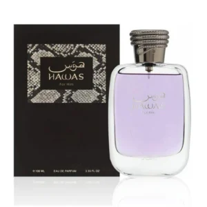 Rasasi Hawas for Him perfume bottle against a white background.
