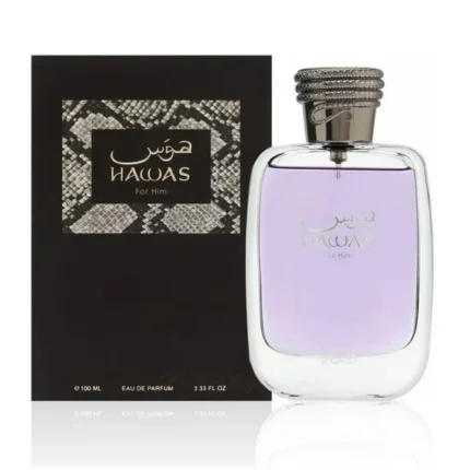 Rasasi Hawas for Him perfume bottle against a white background.