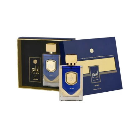Lattafa Liam Blue Shine perfume bottle against a white background.