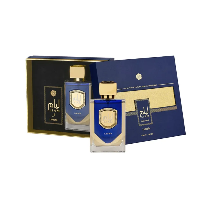 Lattafa Liam Blue Shine perfume bottle against a white background.