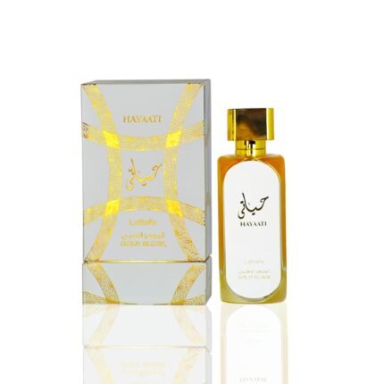 Lattafa Hayaati Gold Elixir EDP 100ML perfume bottle against a white background.