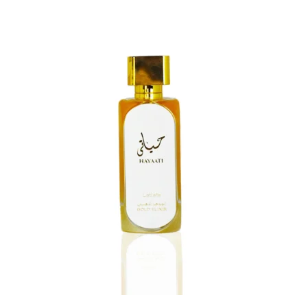 Lattafa Hayaati Gold Elixir EDP 100ML perfume bottle against a white background.