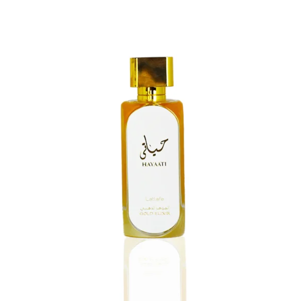 Lattafa Hayaati Gold Elixir EDP 100ML perfume bottle against a white background.