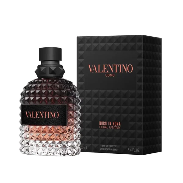 Valentino Uomo Born In Roma Coral Fantasy perfume bottle against a white background.